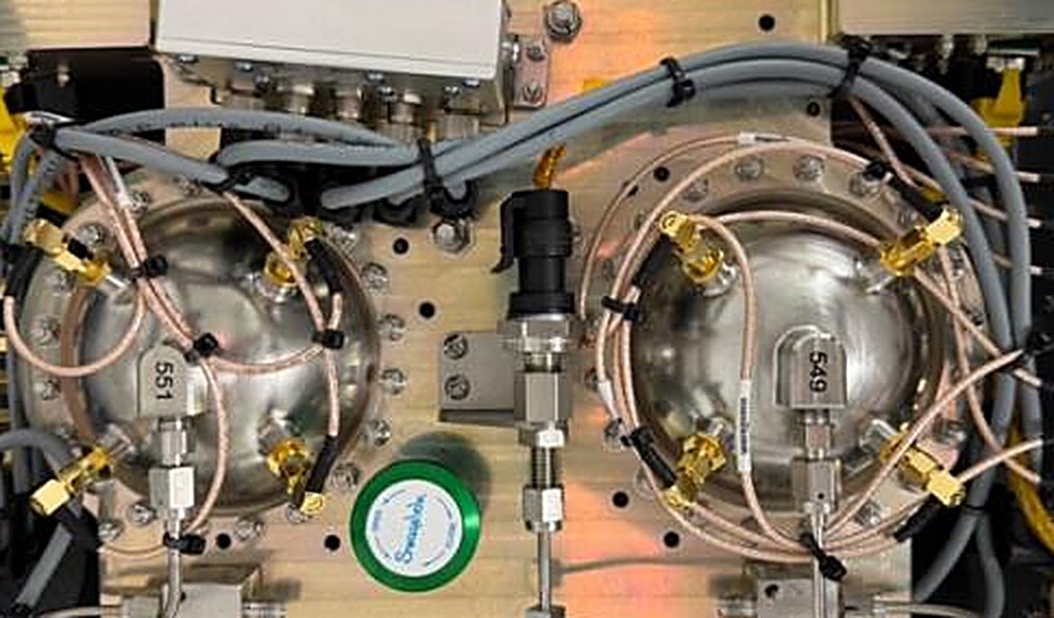 The twin-tank sensing assembly as built, with electrode arrays cabled around both tanks