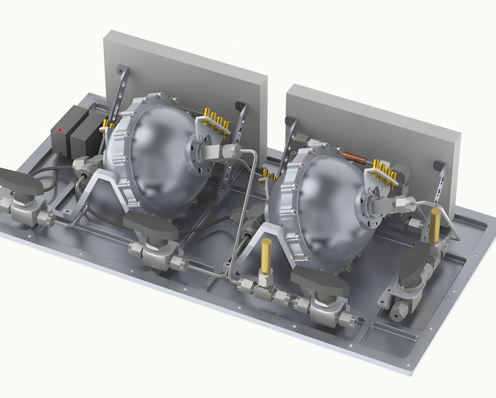 CAD model of the twin-tank sensing assembly, with electrode arrays around each spherical tank and feed valves on the baseplate